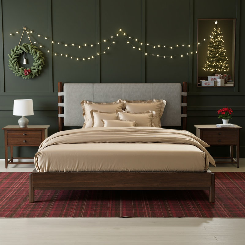Bed Frame, Solid Wood Platform Bed with Headboard, Gray, Queen