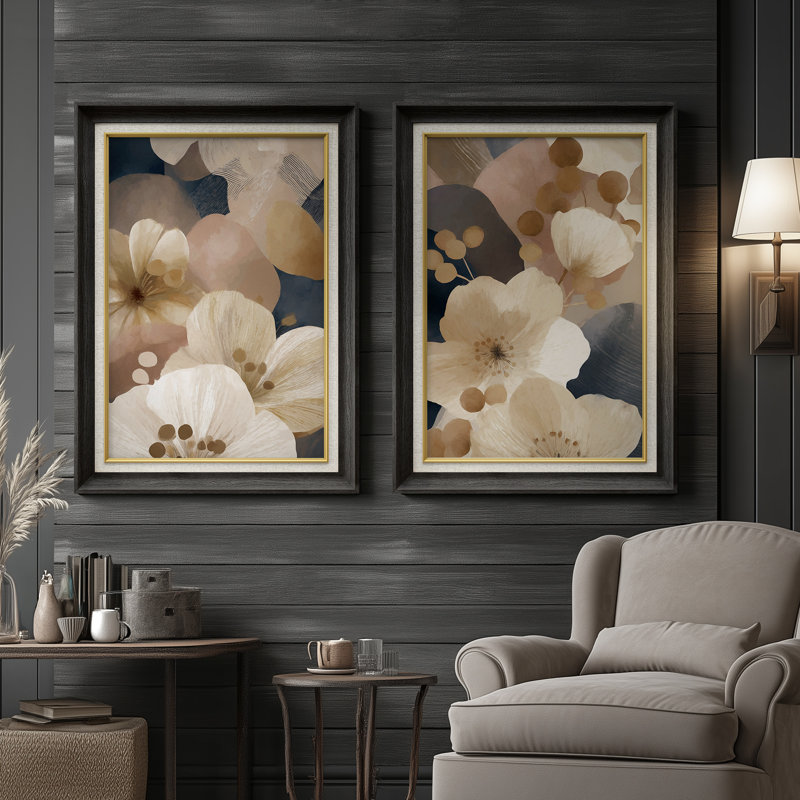 «Neutral Beige Floral Abstract», ensemble de 2 reproductions d'art encadrées de qualité supérieure sur papier 26 po x 36 po
