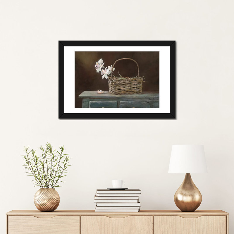 «Orchid Basket», reproduction d'art sur toile, H 16 po x l 24 po x P 1 po, Papier avec cadre noir, Blanc