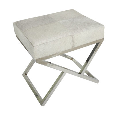Cayden Leather Geometric Light Gray Stool with Angled Silver Metal Base