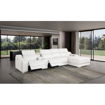 Canapé modulaire blanc en cuir italien fleur de mouton 5 pièces avec 1 fauteuil inclinable électrique et appuis-tête réglables blancs faisant face à la droite