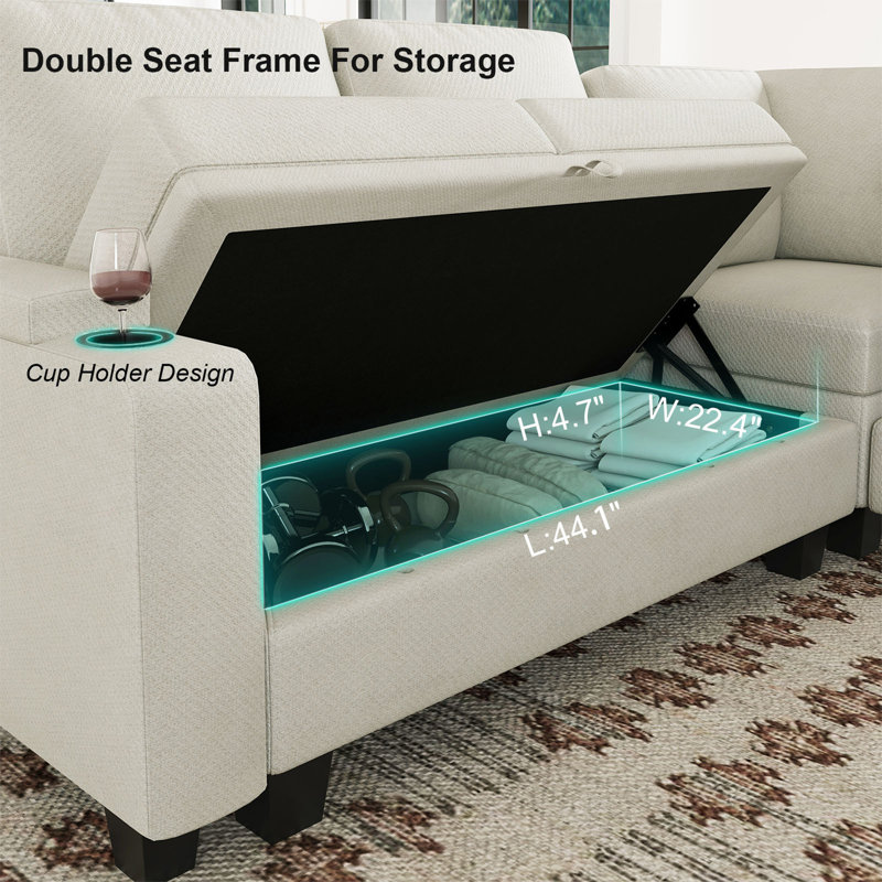 Januelle Chenille 103.8'' L-Shaped Storage Sofa Livingroom Sectional Modular Couch With Ottoman, Beige Chenille