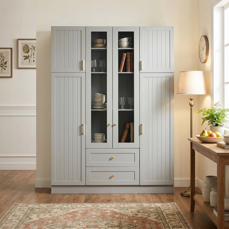Grande armoire de cuisine moderne de 53,2 po de largeur x 17,7 po avec 6 portes, armoire de rangement en panneau de fibres à densité moyenne avec tiroirs, tablettes réglables, plateaux coulissants et support à vin pour la salle à manger et le salon