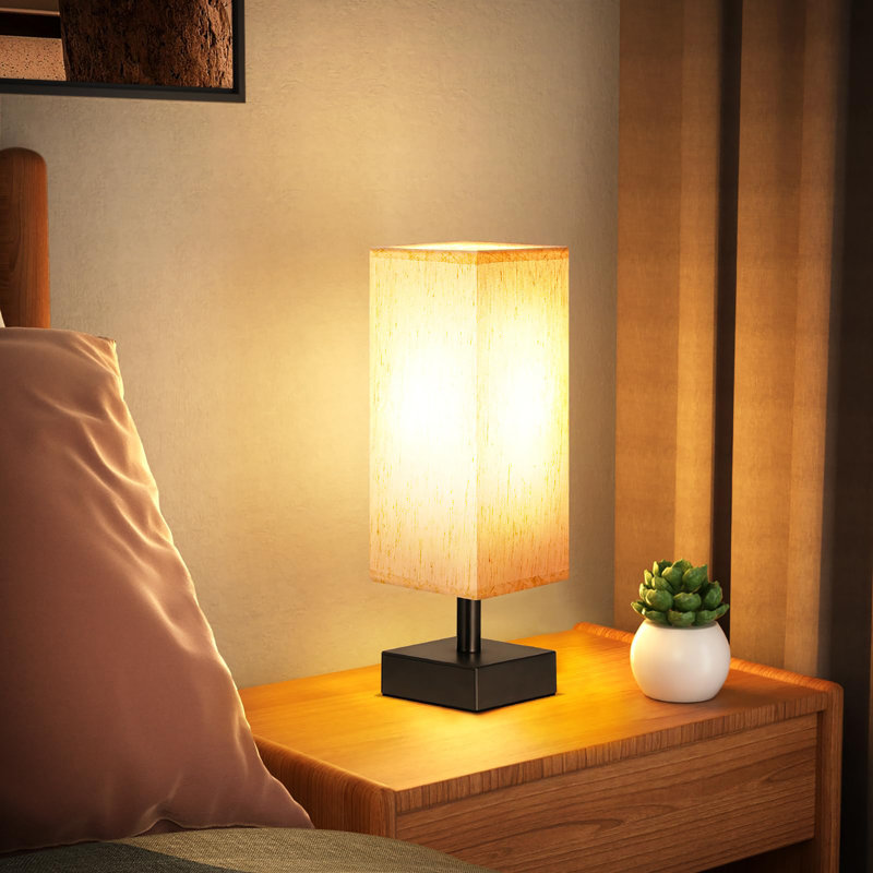 Small Table Lamp - Bedside Lamp for Bedroom, Minimalist Nightstand Lamp with Square Fabric Shade, Desk Lamp for Kids Room Dorm