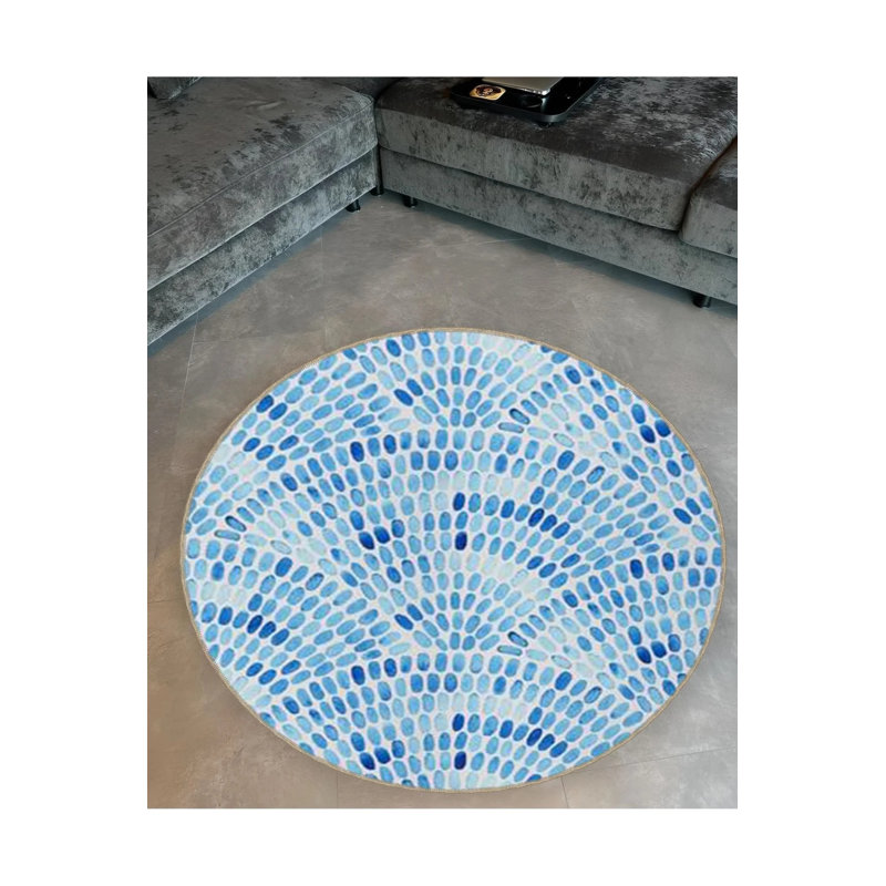 Blue Tone Dots Woven Base Modern Decorative Carpet, Round 2'8"