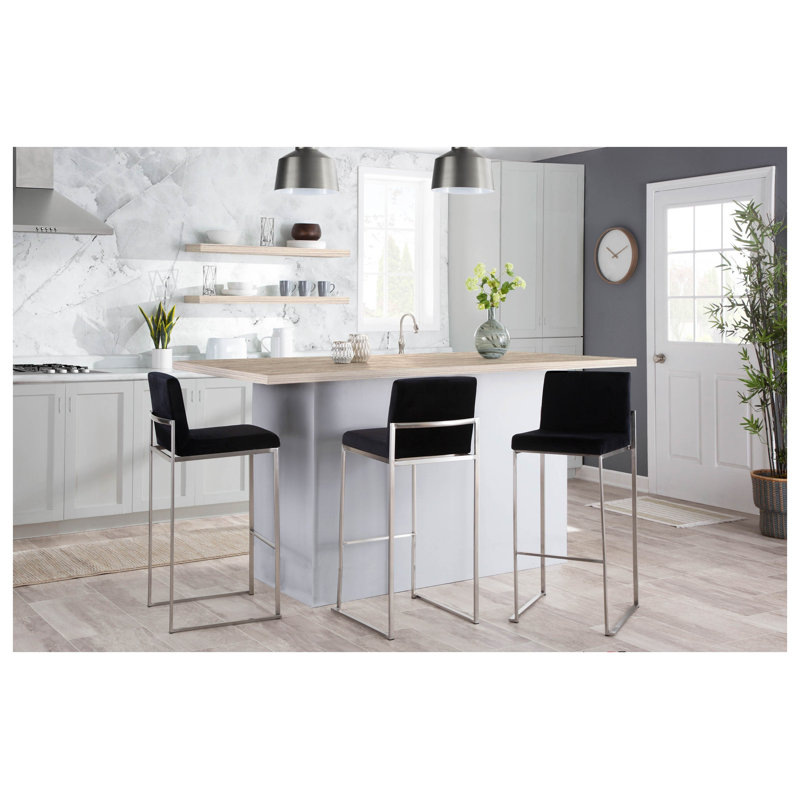 Tabouret de bar contemporain à haut dossier en acier inoxydable et velours noir - ensemble de 2