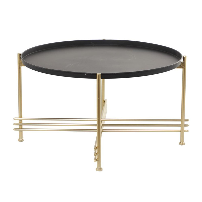 Metal Tray Top Black Coffee Table with Gold X-Shaped Base