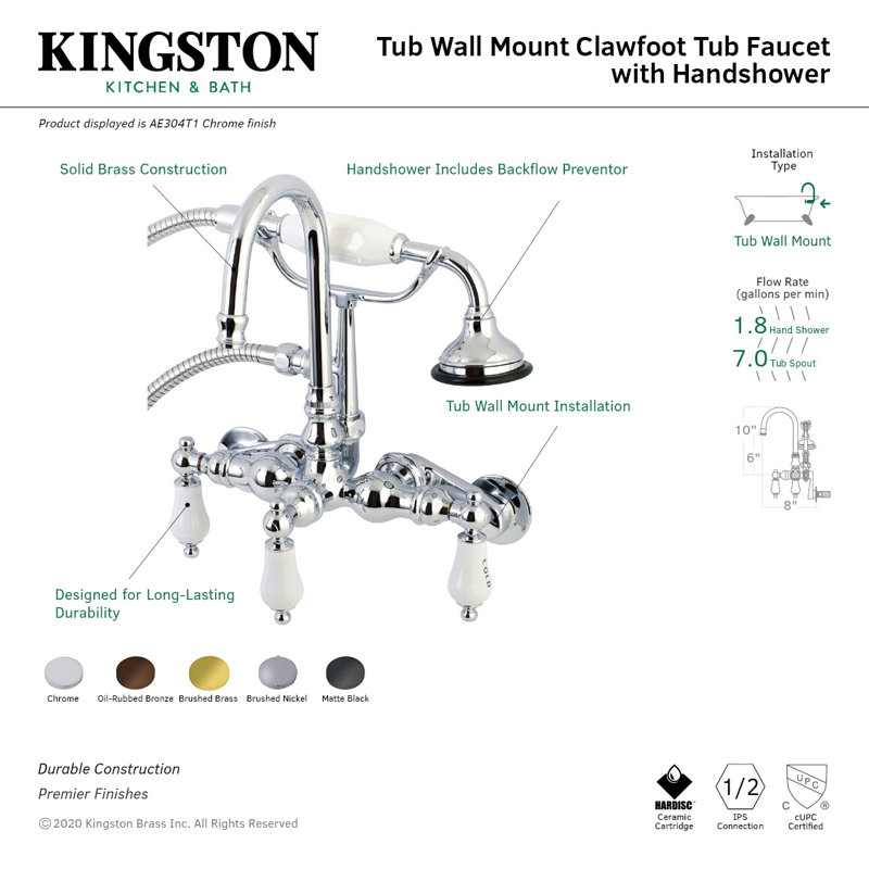 Kingston Brass Aqua Vintage Three-Handle 2-Hole Tub Wall Mount Clawfoot Tub Faucet with Hand Shower