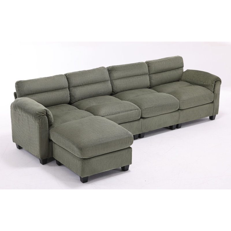 Canapé modulaire rembourré en velours côtelé 5 pièces avec repose-pieds Efaz, Velours côtelé vert