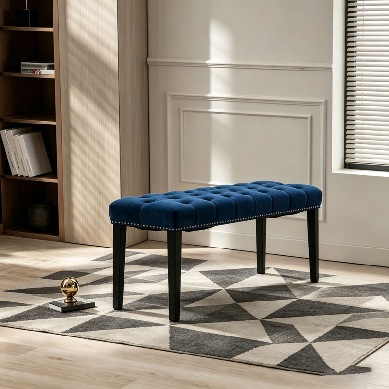 Upholstered Tufted Bench Ottoman , Velvet Dining Bench Bedroom Bench Footrest Stool Accent Bench, Blue