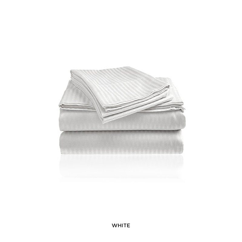 100% Cotton Sateen Striped Sheet Set, White, Queen Sheet Set + 2 Pillowcases