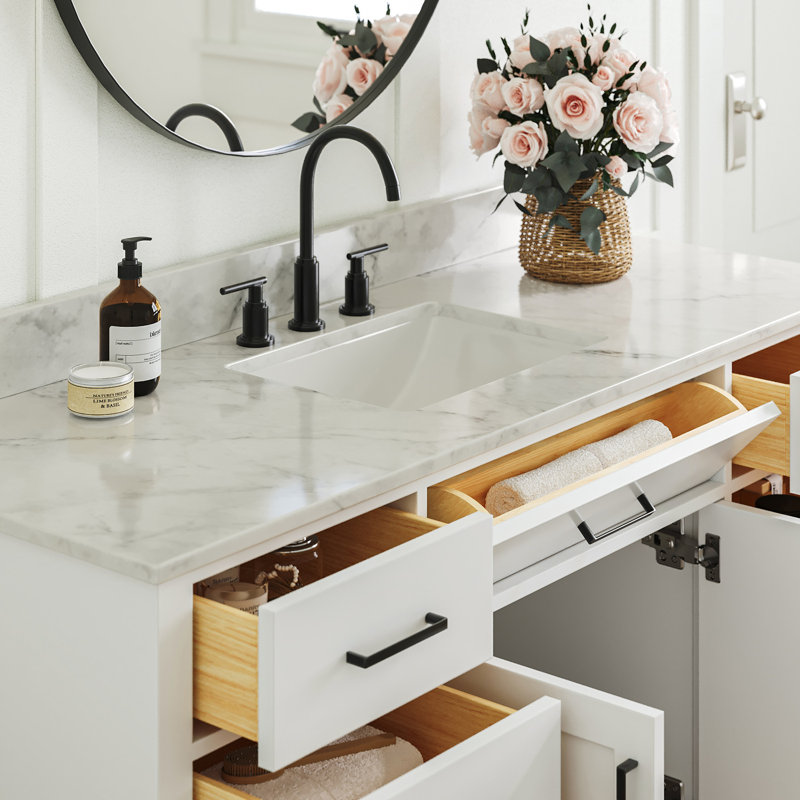 Jameal 60'' Solid Wood Single Bathroom Vanity with 0.75'' Carrara Marble Top Sink, Rectangular, White