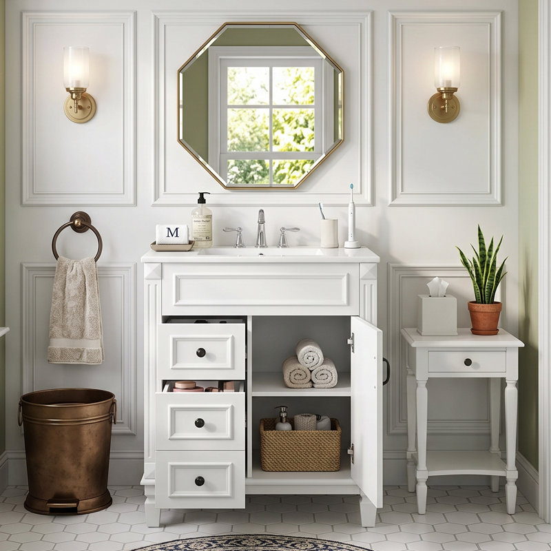 Meuble-lavabo moderne 24 po avec lavabo en céramique, armoire en bois massif avec 2 tiroirs et tablette (noir / blanc / vert / bleu)