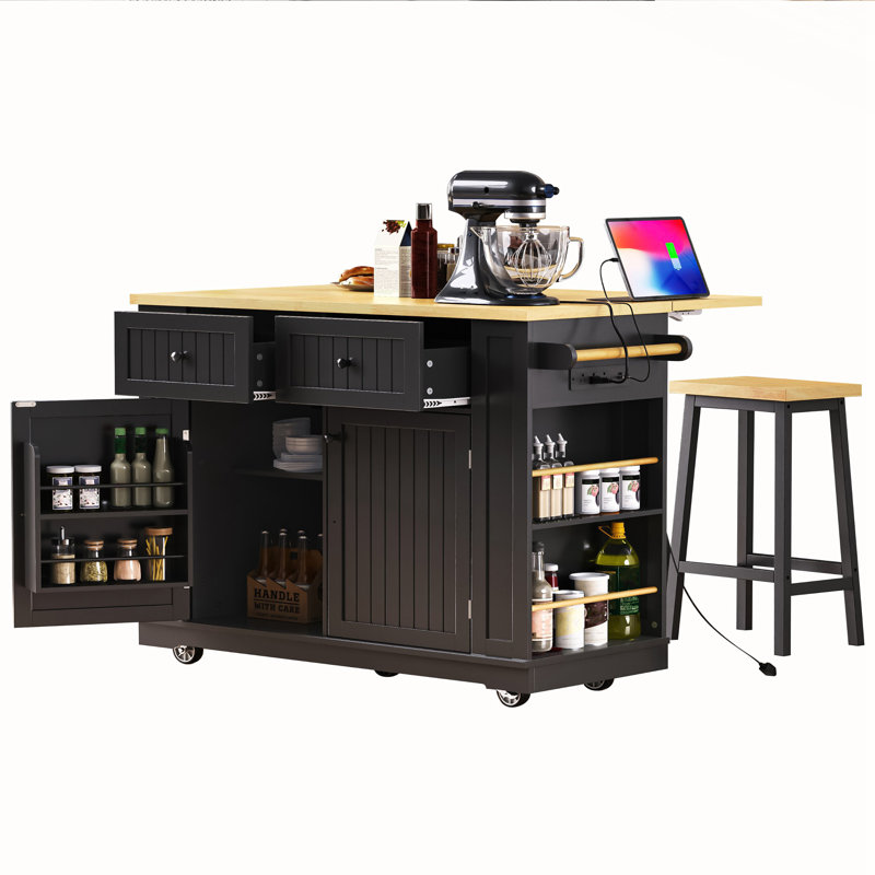 Kitchen Island with Drop Leaf, Black