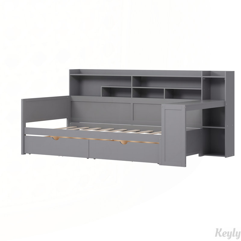 Lit de jour multifonctionnel en bois avec tablettes et tiroirs de rangement, Simple