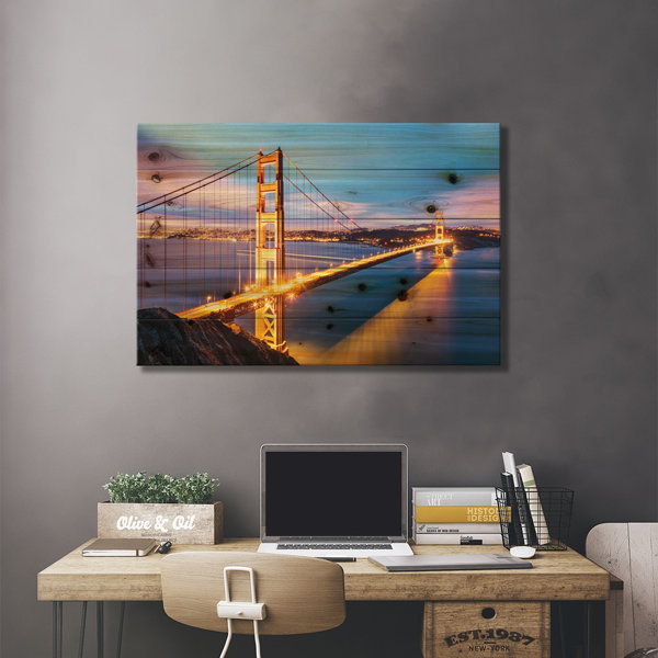 Hokku Designs Golden Gate Bridge At Dawn, San Francisco On Wood by ...