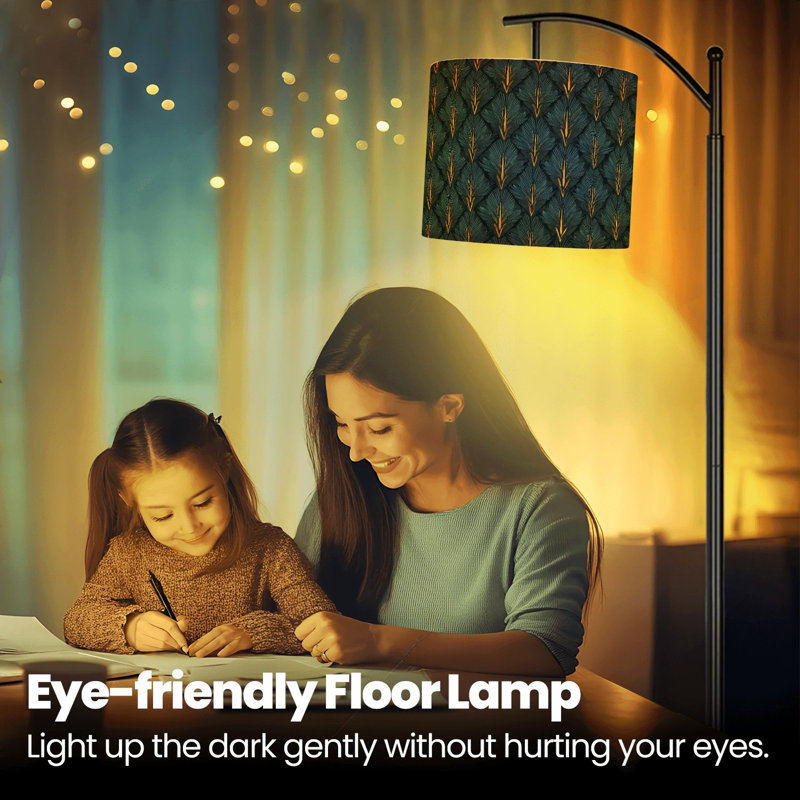 Lampe sur pied à arc avec abat-jour réglable en plumes or bleues et détails complexes Lampe sur pied à 3 températures de couleur à intensité variable avec interrupteur au pied pour la chambre à coucher