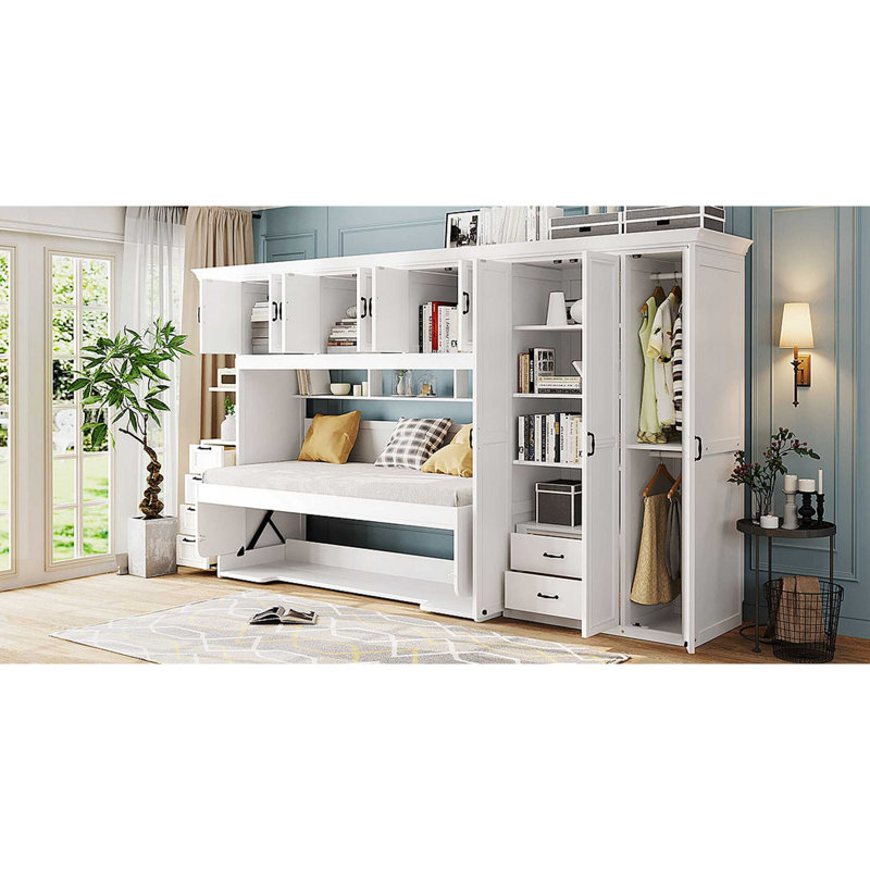 Lit escamotable simple avec garde-robe, armoire et bureau, Blanc