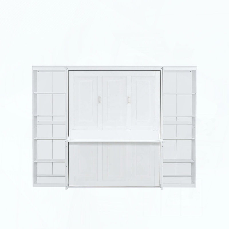 Grand lit escamotable avec bureau et tablettes, Blanc