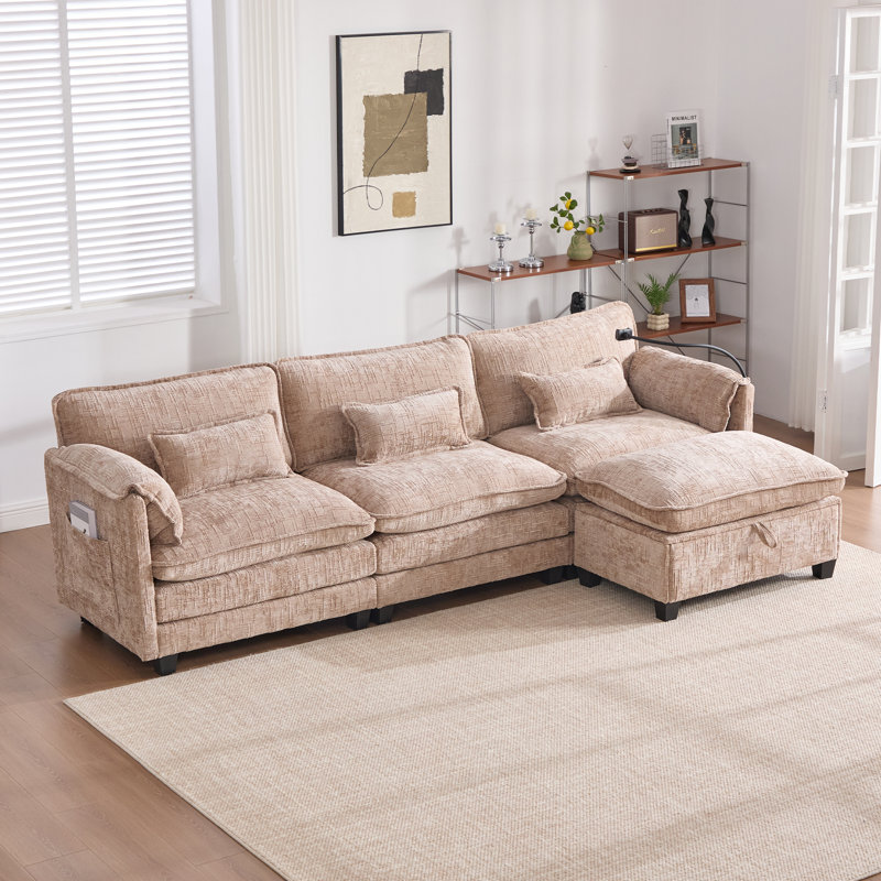 Modern Upholstery Sofa with Movable Storage Ottoman, Phone Holder, USB Charging Port, Khaki