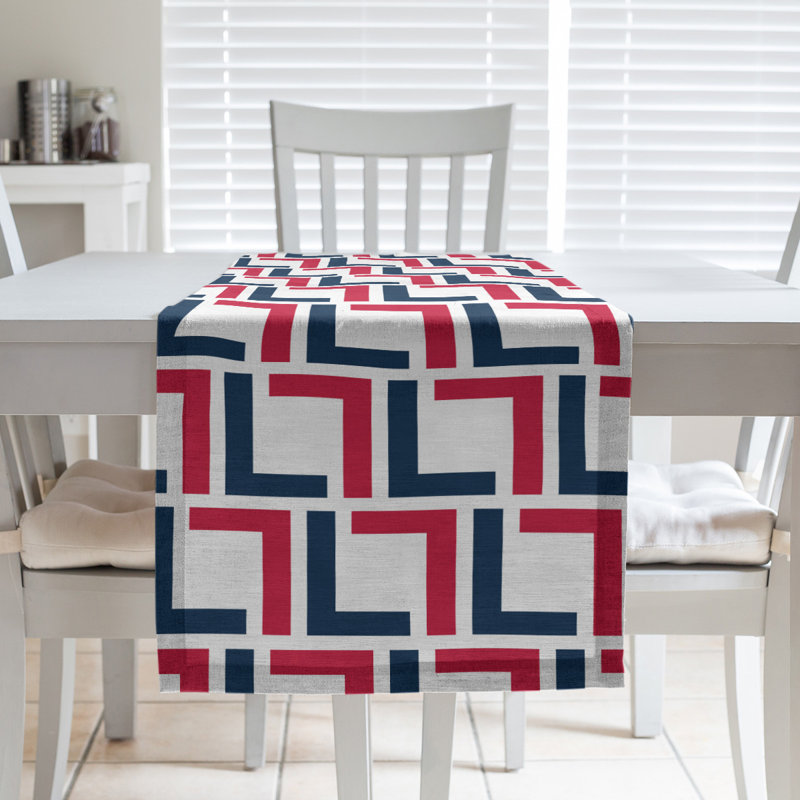 Chemin de table Carolina, 72 po x 16 po, Coton, Argent nouveau siècle / bleu nautique / blanc