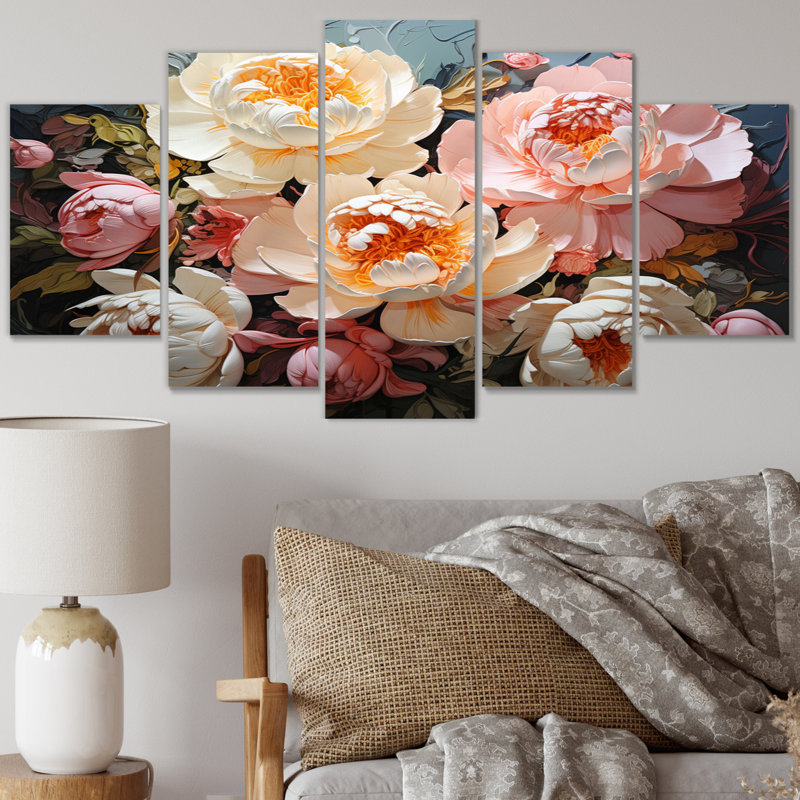 Pivoines blanches, impression romantique IV - art mural floral, salon - 5 panneaux