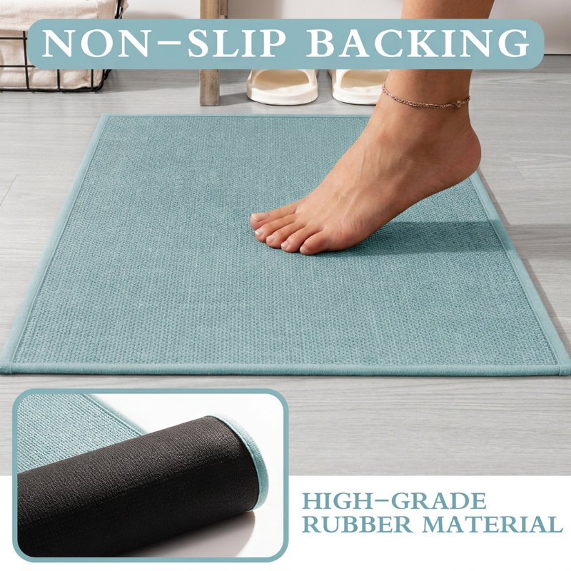 Ensemble de 2 tapis pour salle de bain à aspect lin texturé avec envers antidérapant, Bleu