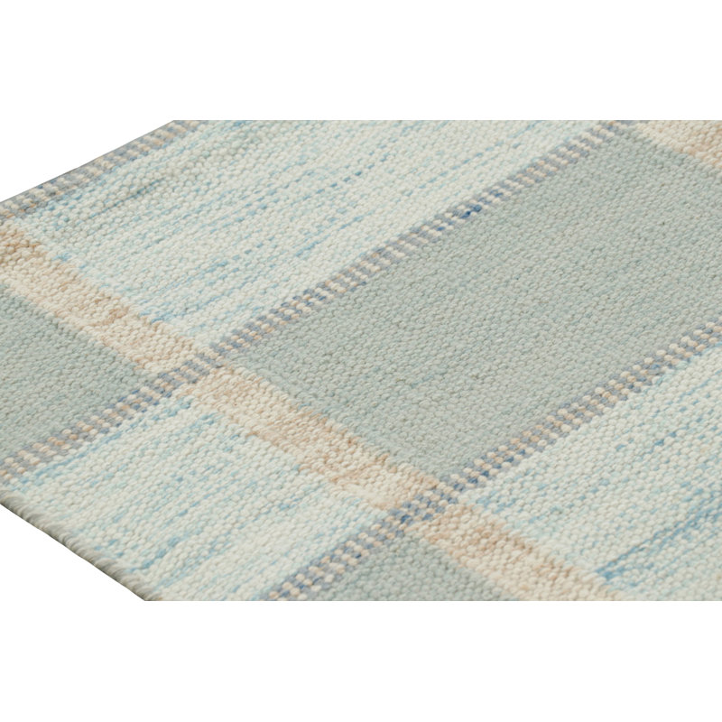 Rug & Kilim’S Scandinavian Style Runner Rug With Seafoam Blue Geometric Patterns, Rectangle 5' x 8'