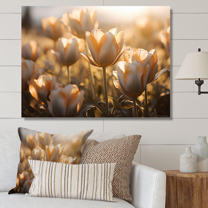 White Tulips Field With Sunshine - Floral Canvas Wall Art52, Noir, H 30 po x l 40 po x P 1,5 po