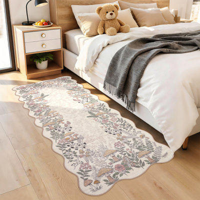 Tapis lavable antidérapant à motif floral festonné champignon à poils courts et à poils doux pour salon, chambre à coucher, salle à manger et salle de jeux