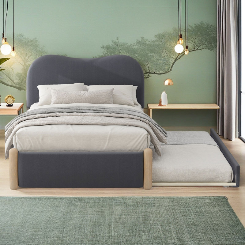 Lit plateforme en tissu d'ameublement,  Gris, Lit simple