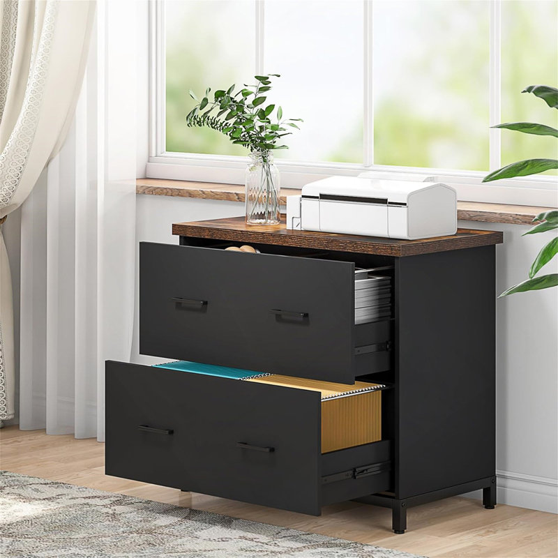 2-Drawer Lateral File Cabinet, Rustic Wood Filing Cabinet For Home Office, A4/Letter Size, Printer Stand With Storage & Heavy-Duty Steel Frame