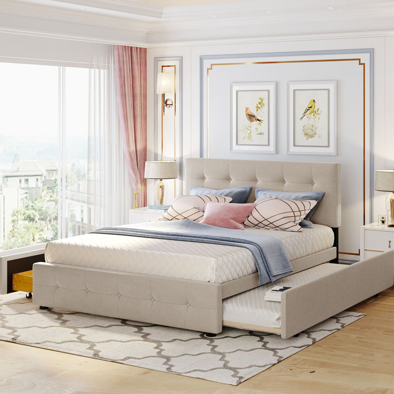 Lit plateforme tapissier avec 2 tiroirs et 1 lit gigogne simple TG, tissu de lin, grand lit - beige foncé (OLD SKU: LP100314AAA)