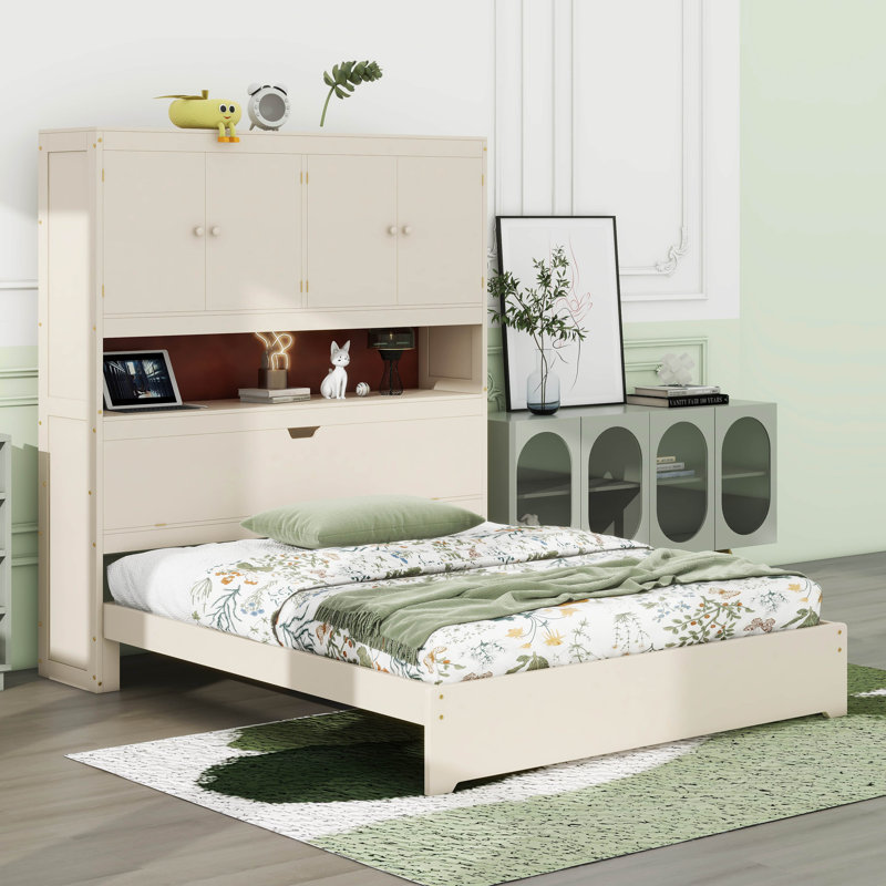 Lit plateforme double en bois avec port USB, tête de lit et tiroirs de rangement, Crème