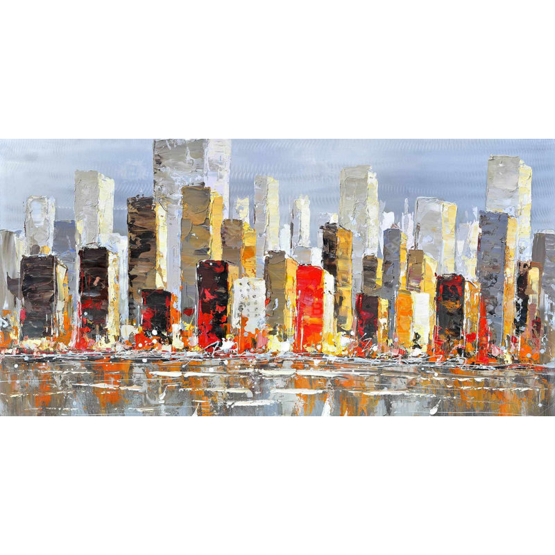  Bâtiments avec réflexion d'eau - Toile des cités orange, H 48 po x l 24 po