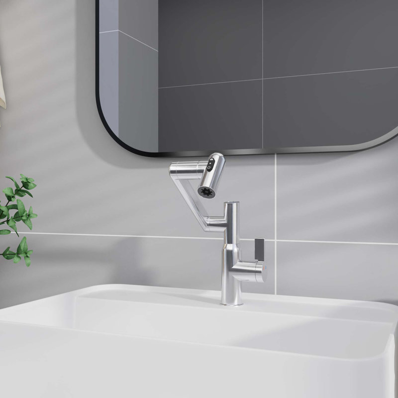 Bathroom Sink Faucet with Spray Function and Temperature Display for Anti-Skid Switch and Hot & Cold and 360° Rotary, Chrome