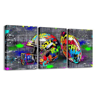 Gridiron Wall Decor For Boys Bedroom - Graffiti Rugby Ball Canvas Wall Art 3 Panels Football Helmet Poster Paintings - Sports Tie Dye Pictures For Living Room,Bedroom