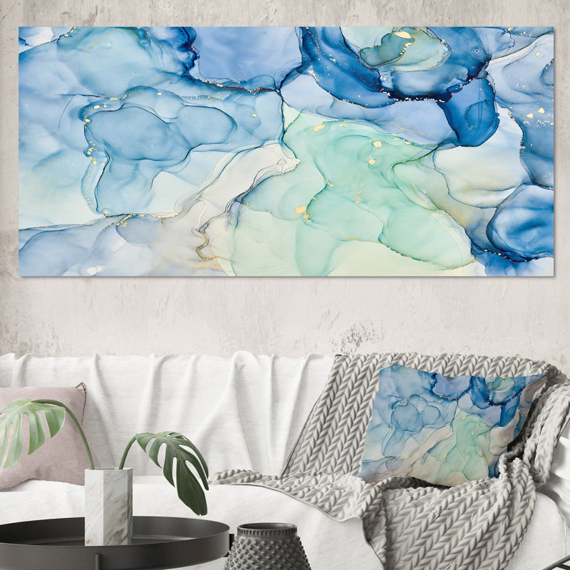 «Blue Luxury Abstract Fluid Art XXV», reproduction sur toile, Toile tendue, H 28 po x l 60 po