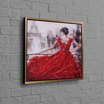 Modern Canvas Wall Decor Featuring a Woman in Paris With Red Dress Painting Print Art