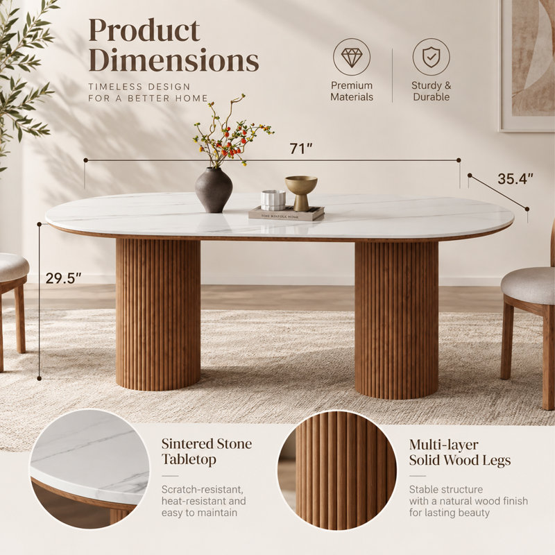  71" Oval Sintered Stone Dining Table with Brown Fluted Solid Wood Pedestals,  Modern Farmhouse Kitchen Table for 6 Persons, White Faux Marble Look Tabletop