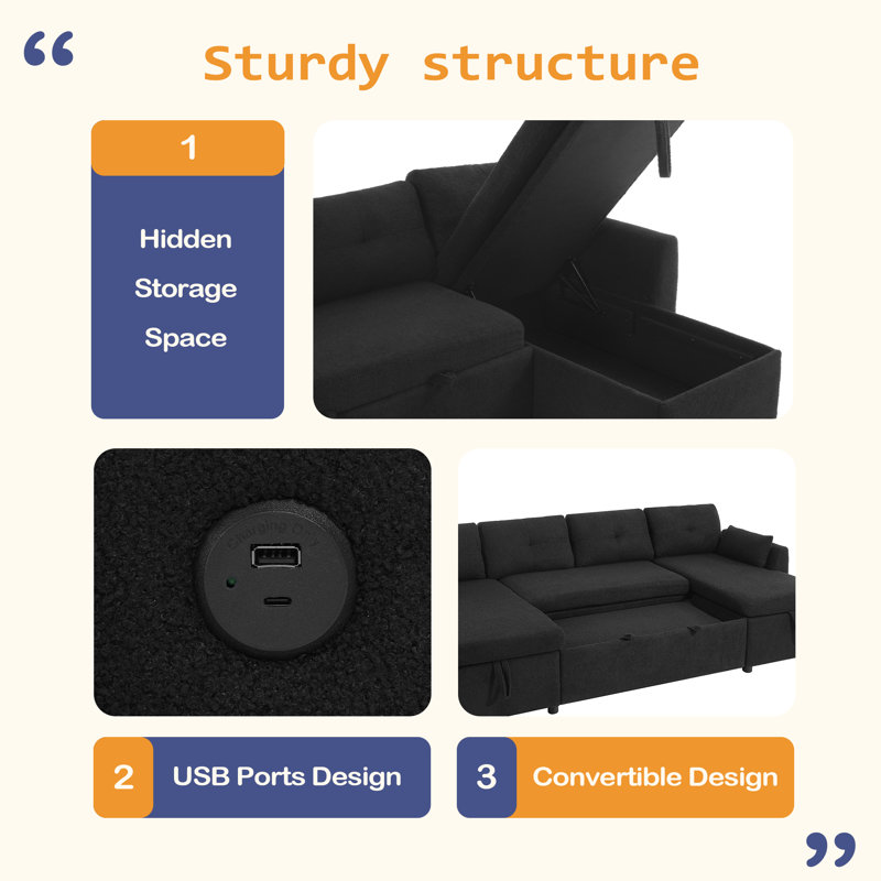 Canapé-lit modulaire moderne en U avec canapé-lit de 107 po avec amplement d'espace de rangement et ports USB pour le salon