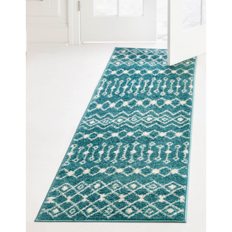 Tapis bleu / blanc en chenille / polyester tissé à la machine Briehn, Tapis de couloir de 2 pi x 7 pi