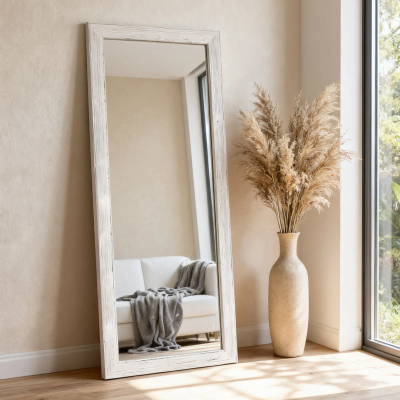 White Standing Mirror Full Length 56X22 Inch  Wood Frame Full-Length Mirror With Stand,  For Living Room, Bedroom, Cloakroom , Entryway