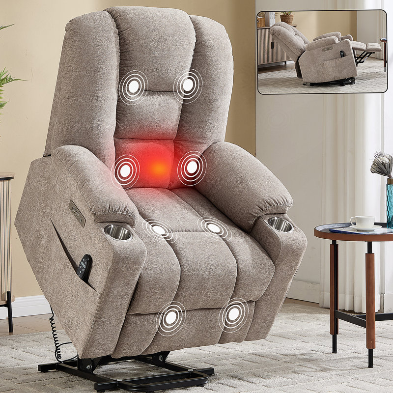 Power Lift Recliner Chair with Massage and Heat for Elderly, Overstuffed Wide Recliners, Heavy Duty Motion Mechanism with USB and Type C Ports, 2 Steel Cup Holders, Khaki