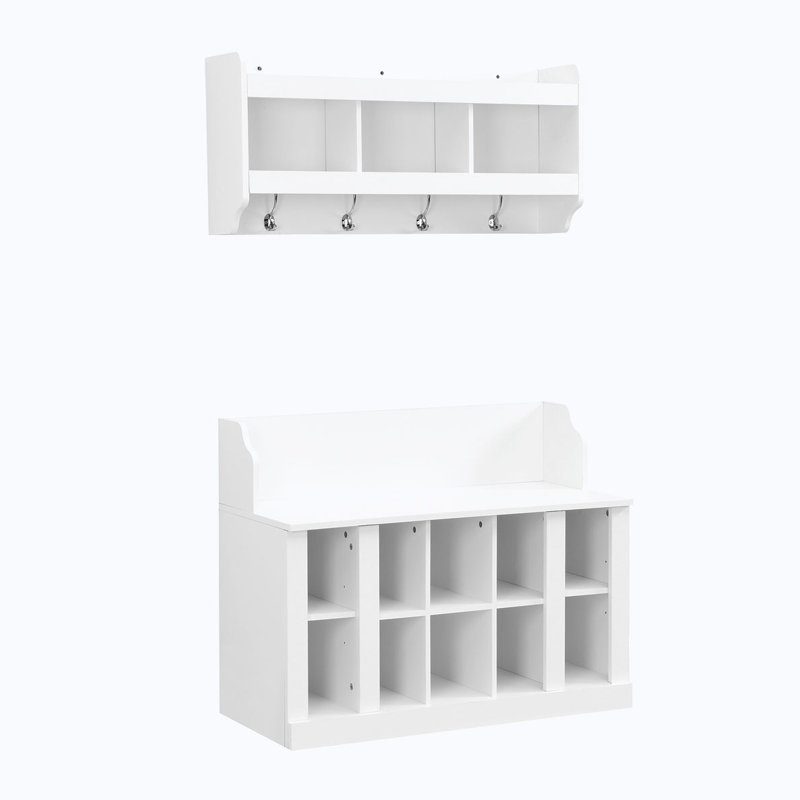 Shoe Storage Bench with Shelves and 4 Hooks, White