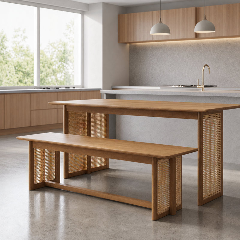 Banc de salle à manger polyvalent avec cadre en bois massif robuste et décoration décorative tissée pour 2 personnes