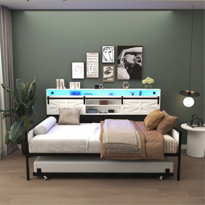 Daybed With Trundle, Farmhouse Daybed Frame With Sliding Barn Door Headboard And Charging Station & LED Light For Bedroom And Guest Room