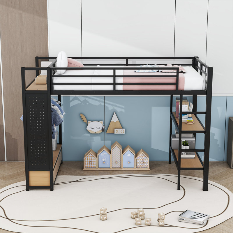 Loft Bed with Wardrobe, Storage Shelves and Pegboard