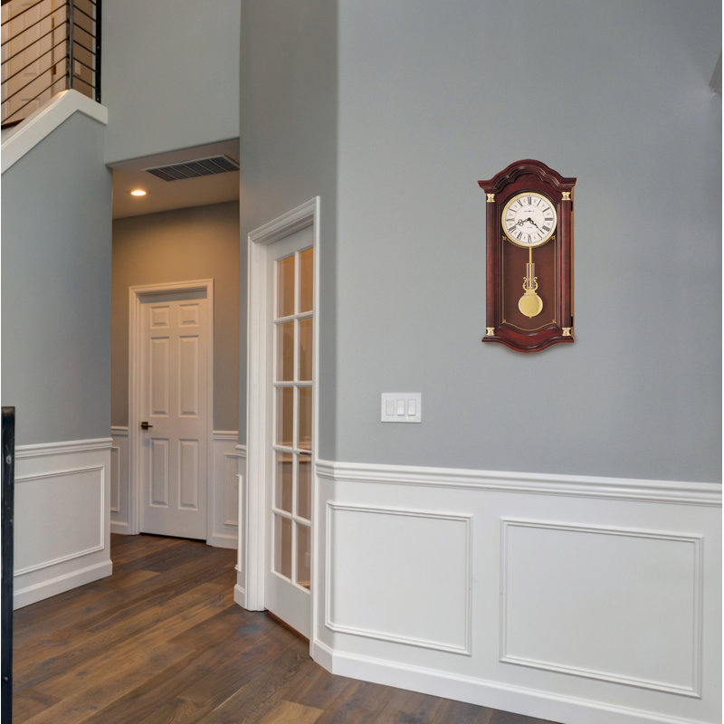 Lambourn I Modern & Contemporary Wall Clock, Windsor Cherry Hardwood Case with Dual-Chime Movement and Brass Lyre Pendulum