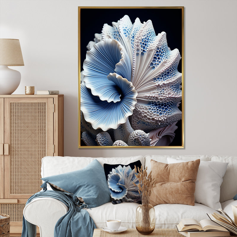 Craita, coquillage bleu, symphonie - coquillage, art mural, H 44 po x l 34 po x P 1,5 po, Cadre flottant doré